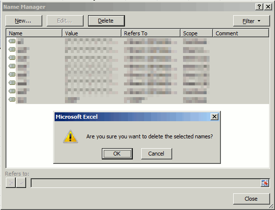 Name range manager - Are you sure you want to delete the selected items?