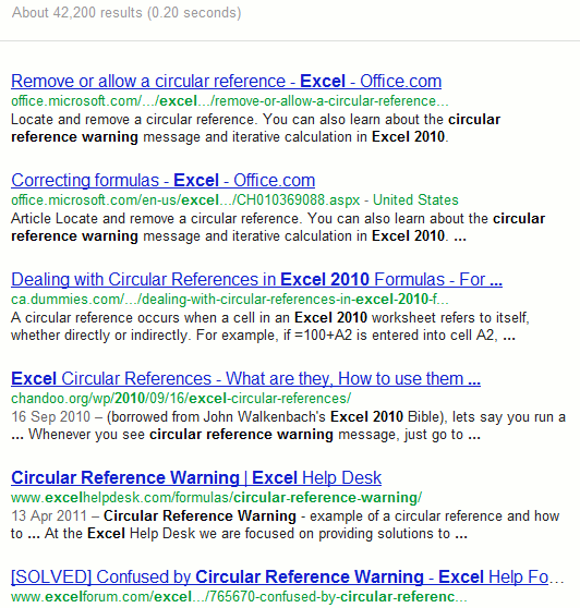 Google search results on "Circular Reference Warning" Excel 2010