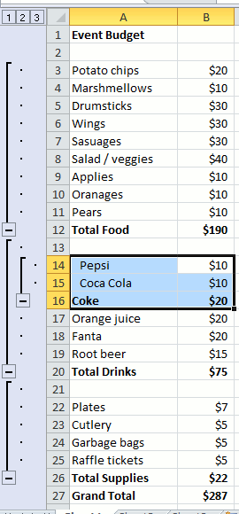 Example of nested group of rows in Excel